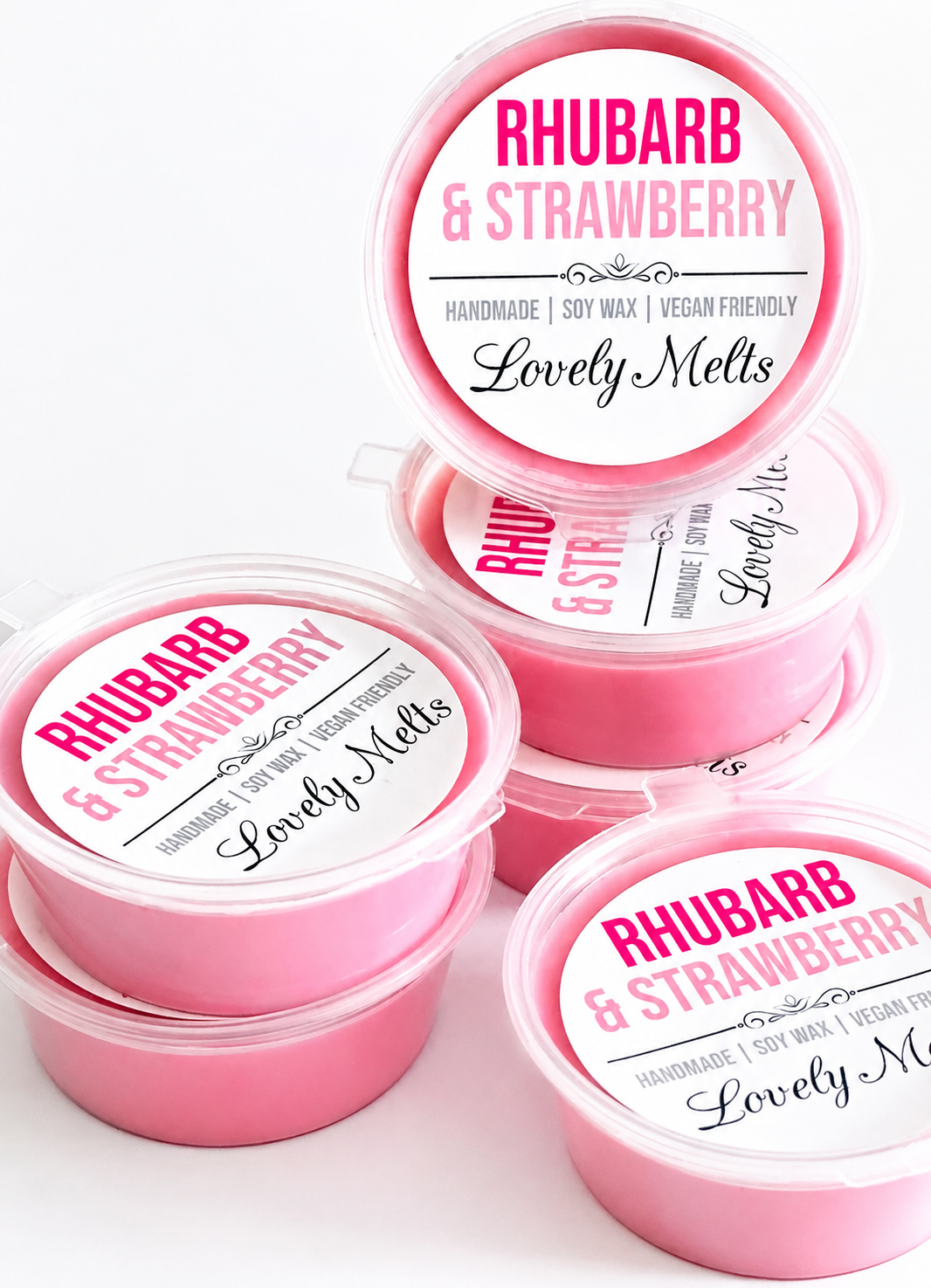 Pink containers labeled 'Rhubarb & Strawberry' with 'Lovely Melts' branding on a white background.