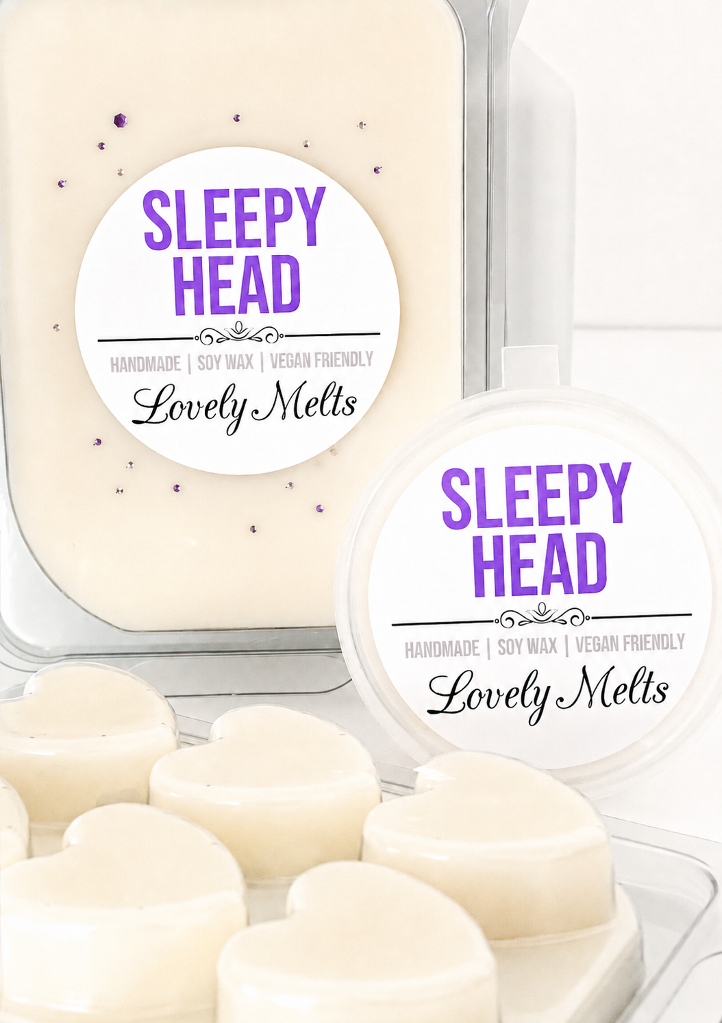 Lovely Melts Sleepy Head wax melts packaging with a white background