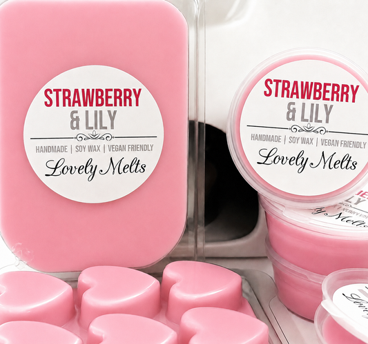 Pink wax melts with 'Strawberry & Lily' branding on a white background