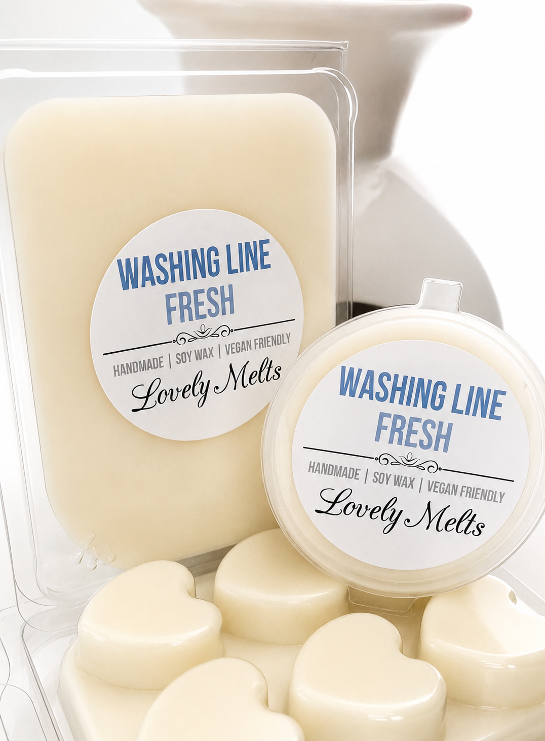 Wax melts labeled 'Washing Line Fresh' by Lovely Melts with a clear container.