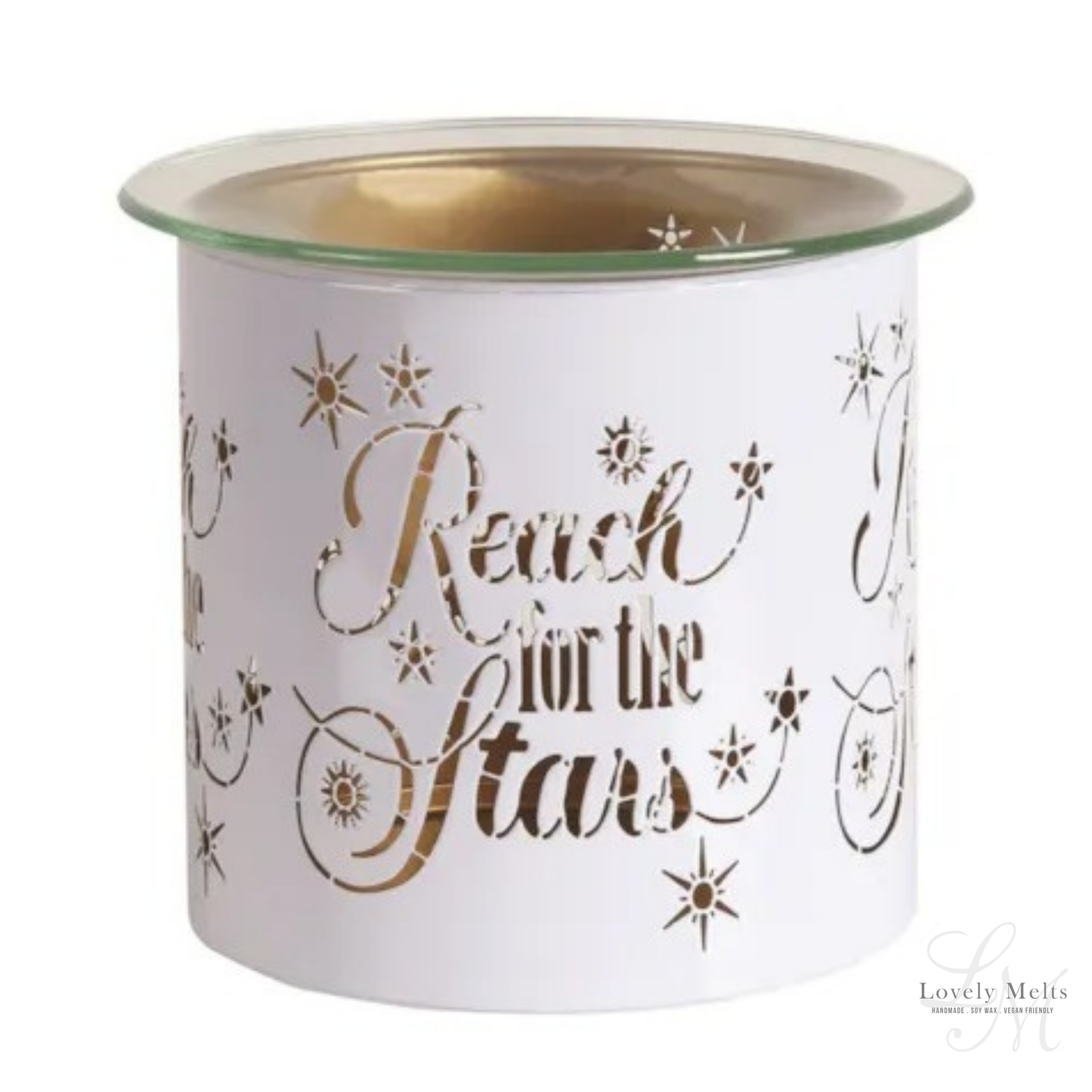 White wax warmer with 'Reach for the Stars' text and star designs on a white background